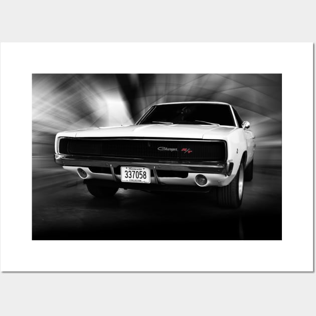 1968 Dodge Charger R/T, Black and White Wall Art by hottehue